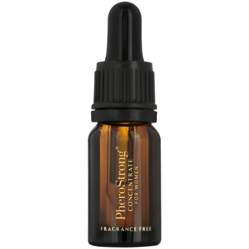 Close-up of the PHEROSTRONG Concentrado de Feromônios para Mulheres 7,5 ML, emphasizing its elegant design and compact size.