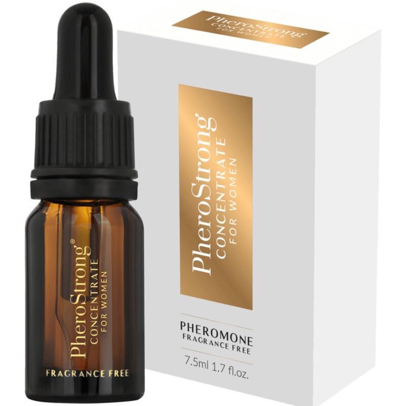 Close-up of the PHEROSTRONG Concentrado de Feromônios para Mulheres 7,5 ML, emphasizing its elegant design and compact size.