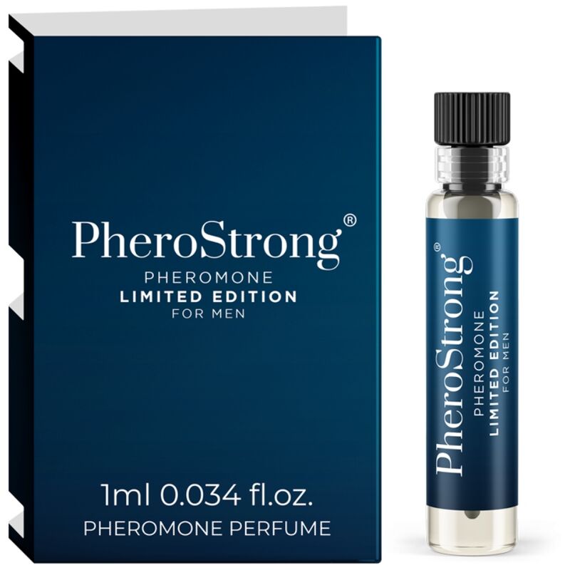 Frasco de PHEROSTRONG Perfume de Feromonas Edição Limitada para Homens 1 ML, destacando seu design.