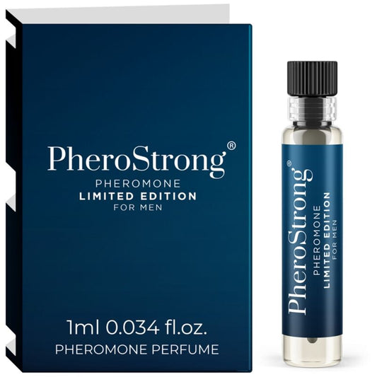 Frasco de PHEROSTRONG Perfume de Feromonas Edição Limitada para Homens 1 ML, destacando seu design.