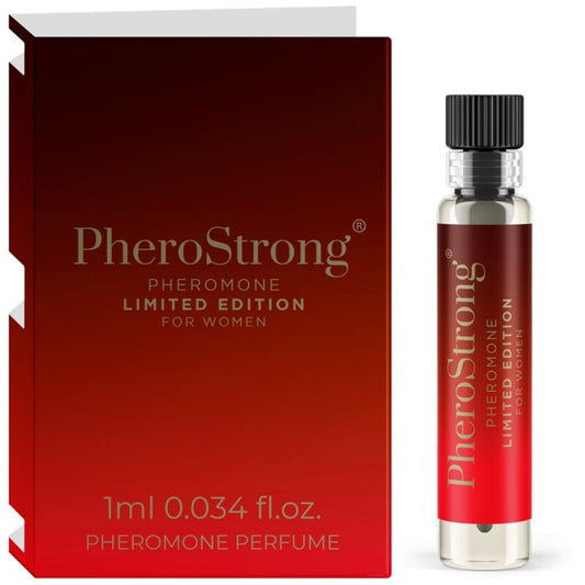 Frasco de PHEROSTRONG Perfume de Feromonas Edição Limitada para Mulheres 1 ML, destacando seu design elegante.