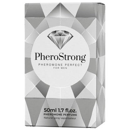 Frasco de PHEROSTRONG Perfume de Feromônios para Homens 50 ML, mostrando o design e a embalagem.