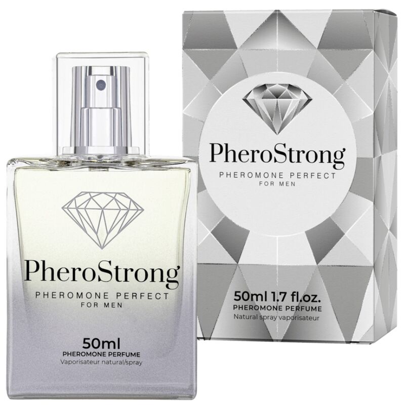 Frasco de PHEROSTRONG Perfume de Feromônios para Homens 50 ML, mostrando o design e a embalagem.