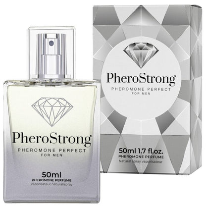 Frasco de PHEROSTRONG Perfume de Feromônios para Homens 50 ML, mostrando o design e a embalagem.