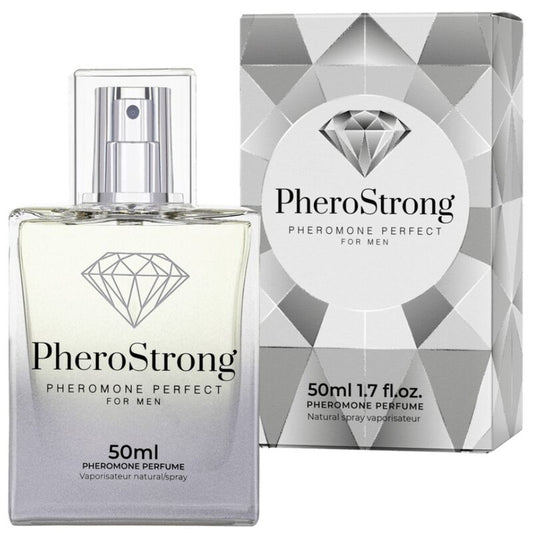 Frasco de PHEROSTRONG Perfume de Feromônios para Homens 50 ML, mostrando o design e a embalagem.