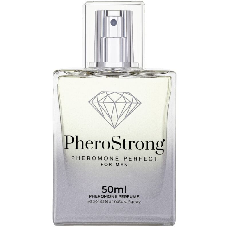 Frasco de PHEROSTRONG Perfume de Feromônios para Homens 50 ML, mostrando o design e a embalagem.