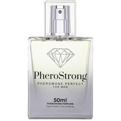 Frasco de PHEROSTRONG Perfume de Feromônios para Homens 50 ML, mostrando o design e a embalagem.