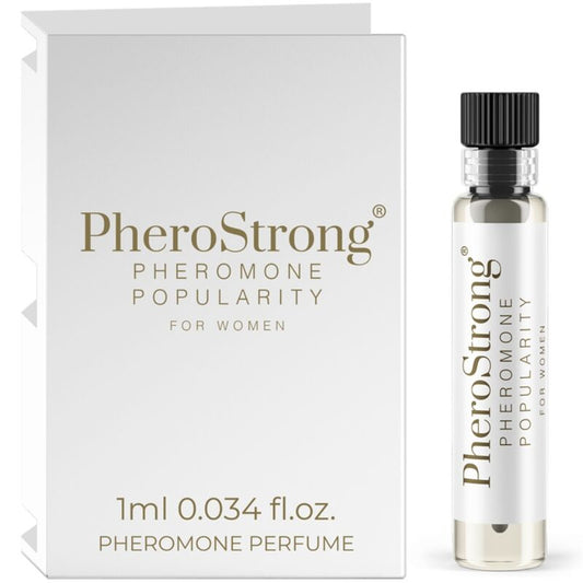 Frasco do PHEROSTRONG Perfume de Feromônios Popularidade para Mulheres 1 ML, exibindo o design da embalagem.