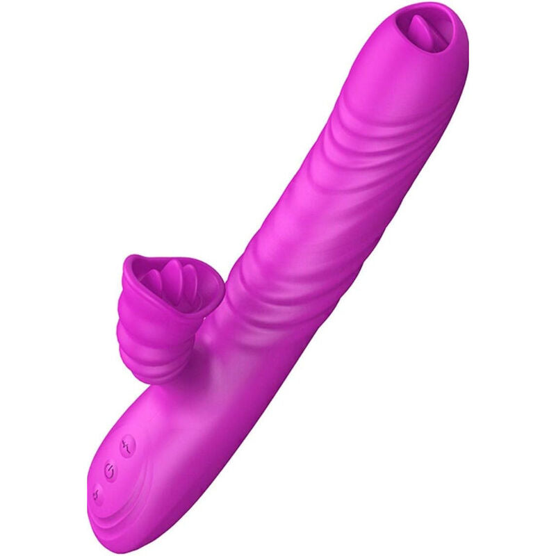 Vibrador ARMONY Angelia com língua dupla e efeito de calor, em silicone violeta.