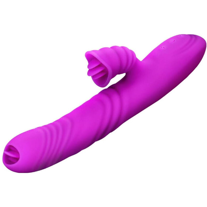 Vibrador ARMONY Angelia com língua dupla e efeito de calor, em silicone violeta.