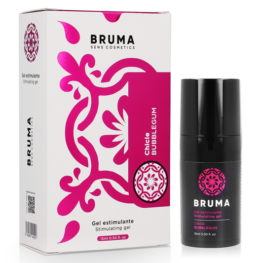 Close-up do BRUMA Gel Estimulante Sabor Bubblegum 15 ML, mostrando a embalagem compacta e detalhes do produto.