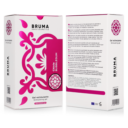Close-up do BRUMA Gel Estimulante Sabor Bubblegum 15 ML, mostrando a embalagem compacta e detalhes do produto.