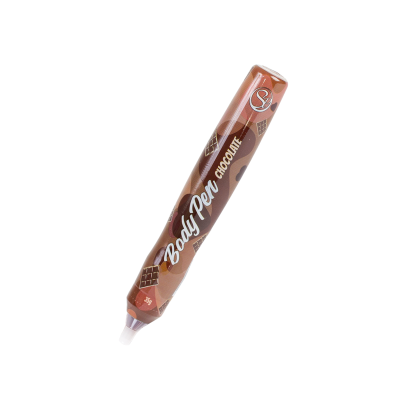 Close-up da Caneta de Pintura Corporal Comestível Secret Play Sabor Chocolate, mostrando a embalagem e a ponta aplicadora.