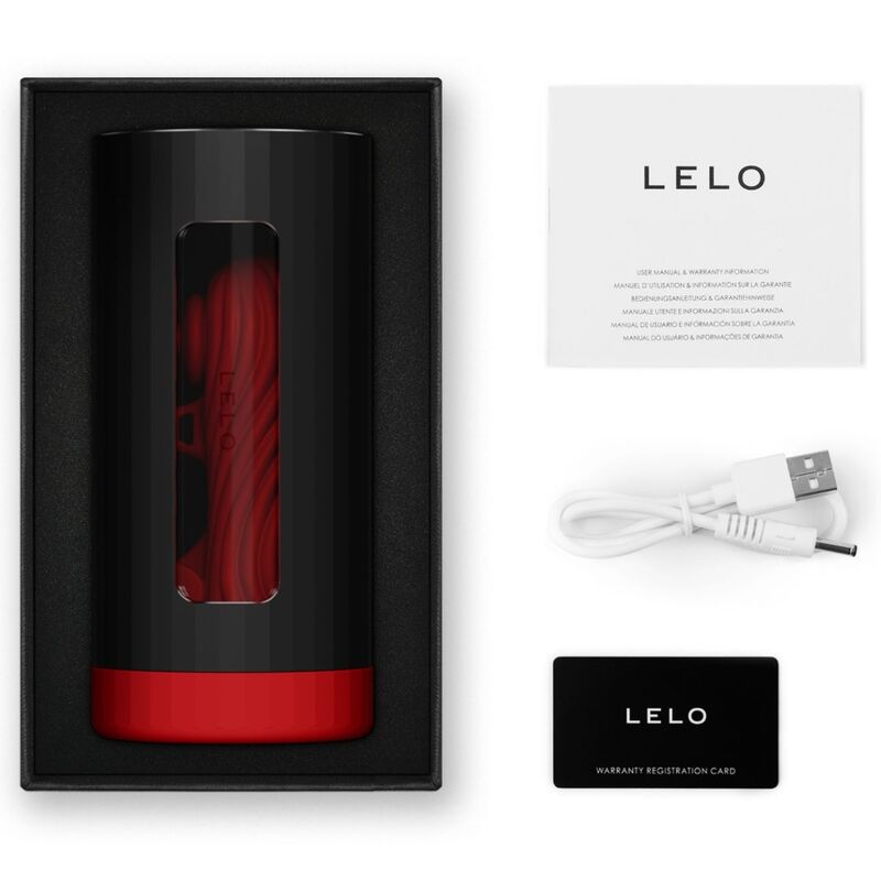Close-up do masturbador masculino LELO F1S V3 XL, mostrando seu design ergonômico e silicone premium com detalhes vermelhos.