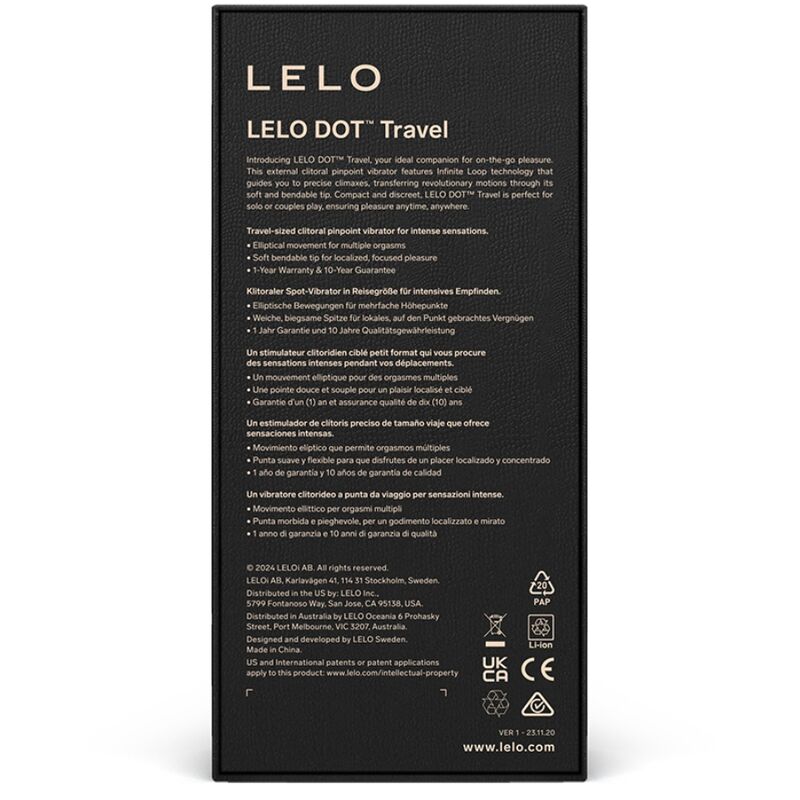 Lelo Estimulador de Clitóris DOT Travel Roxo com detalhes do design e material.
