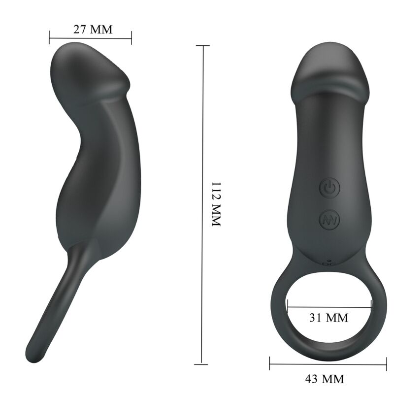 Close-up do Anel Vibratório PRETTY LOVE com Estimulador e Controlo Remoto, destacando o seu design ergonómico e material de silicone seguro para o corpo.
