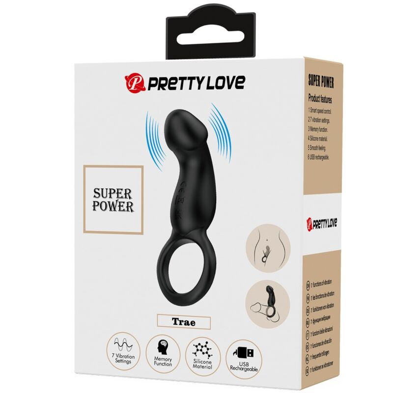 Close-up do Anel Vibratório PRETTY LOVE com Estimulador e Controlo Remoto, destacando o seu design ergonómico e material de silicone seguro para o corpo.