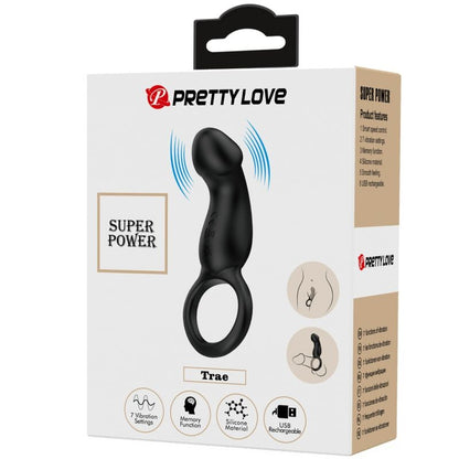 Close-up do Anel Vibratório PRETTY LOVE com Estimulador e Controlo Remoto, destacando o seu design ergonómico e material de silicone seguro para o corpo.