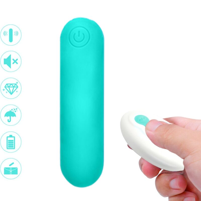 Close-up do ARMONY Vibrador Bullet Joline de Silicone com Controle Remoto Verde, mostrando seu design compacto e textura suave.