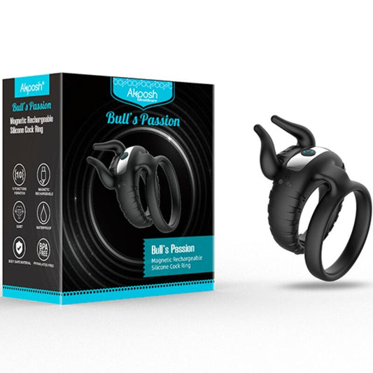 Anel vibratório ARMONY Bull's Pasion preto em silicone macio e com 10 modos de vibração.