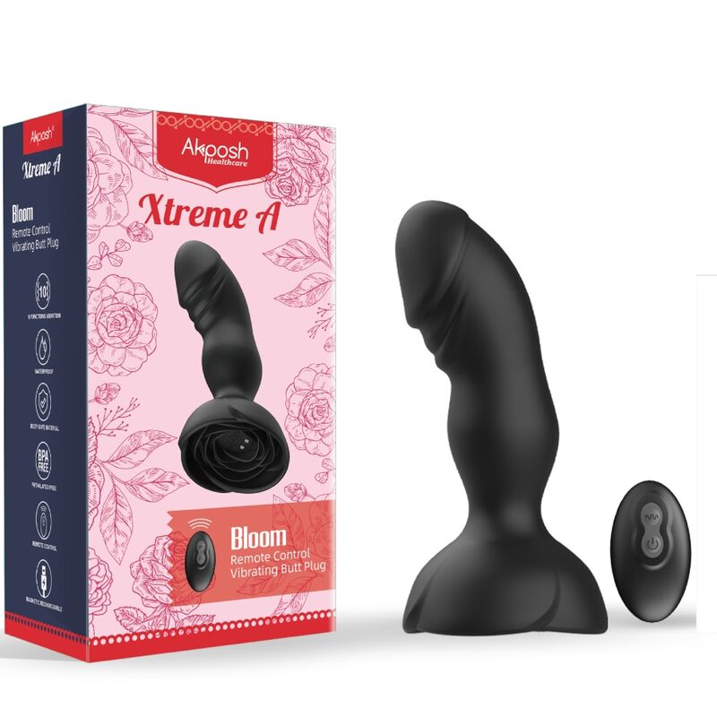 Close-up do Vibrador Plug Anal ARMONY EXTREME A BLOOM, mostrando seu design, cor rose e controle remoto.
