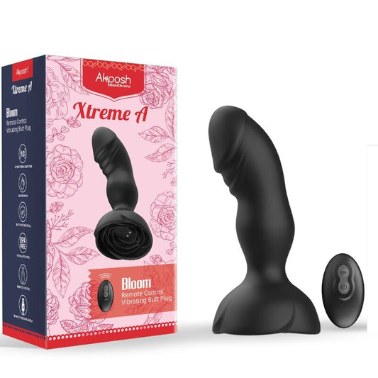 Close-up do Vibrador Plug Anal ARMONY EXTREME A BLOOM, mostrando seu design, cor rose e controle remoto.