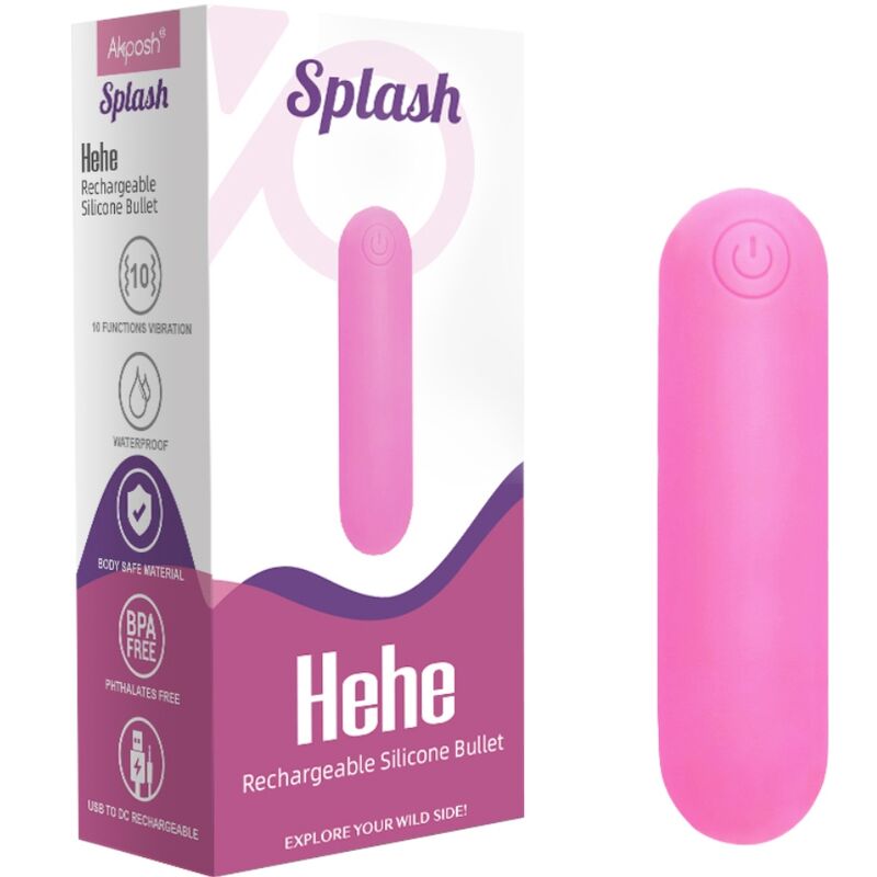 Vista detalhada do Vibrador Bala ARMONY Splash Hehe de silicone rosa com 10 vibrações, ideal para prazer versátil.