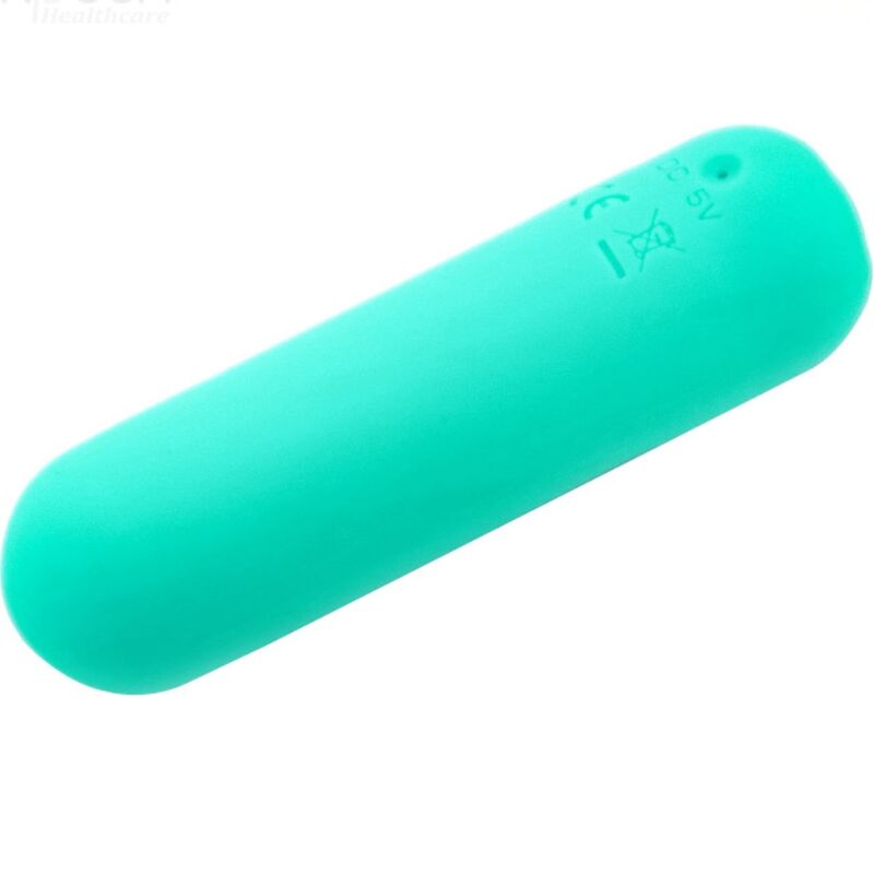 Close-up do Vibrador Bala ARMONY Silicone 10 Vibrações Verde, mostrando seu design suave e compacto.