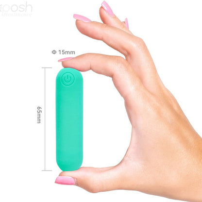 Close-up do ARMONY Vibrador Bullet Joline de Silicone com Controle Remoto Verde, mostrando seu design compacto e textura suave.