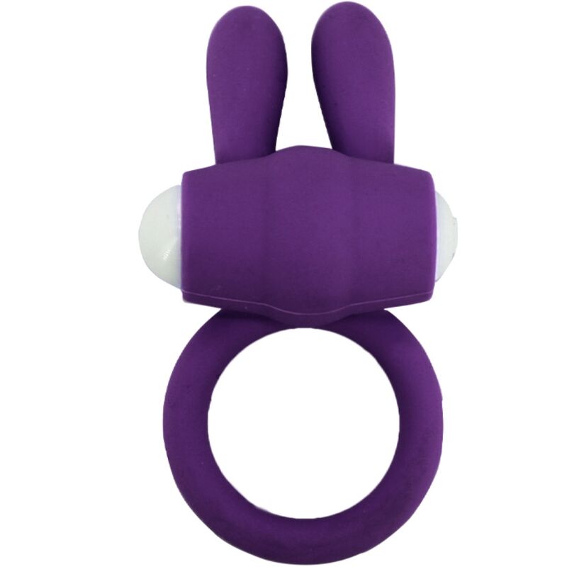 Close-up do ARMONY Mr Bunny Anel Vibrador em Silicone Roxo, destacando o design ergonómico e a textura do material.