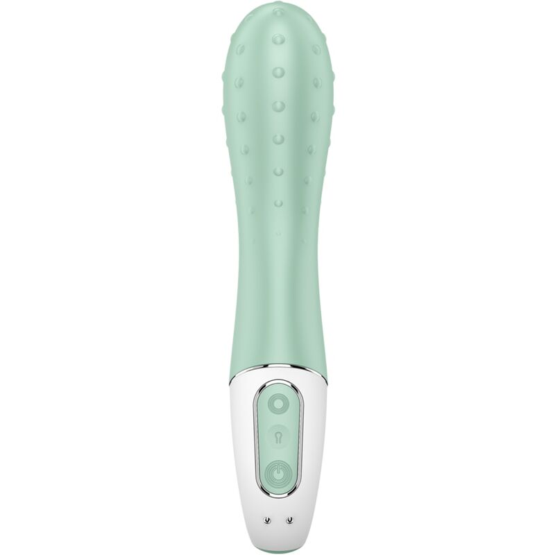Close-up do vibrador Satisfyer Air Pump 3 Ponto G inflável na cor menta, mostrando seu design ergonómico e ponta expansível.