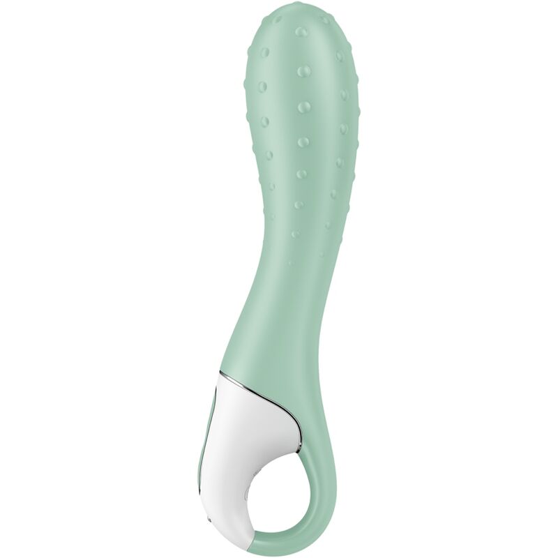 Close-up do vibrador Satisfyer Air Pump 3 Ponto G inflável na cor menta, mostrando seu design ergonómico e ponta expansível.