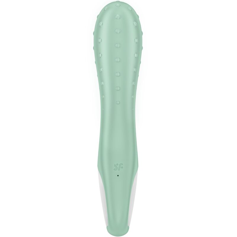 Close-up do vibrador Satisfyer Air Pump 3 Ponto G inflável na cor menta, mostrando seu design ergonómico e ponta expansível.