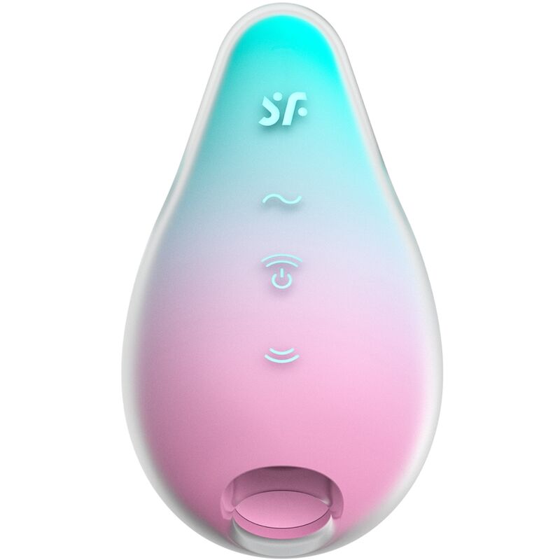 Close-up do vibrador Satisfyer Mermaid Vibes Air Pulse em menta e rosa, destacando seu design ergonômico e superfície de silicone.
