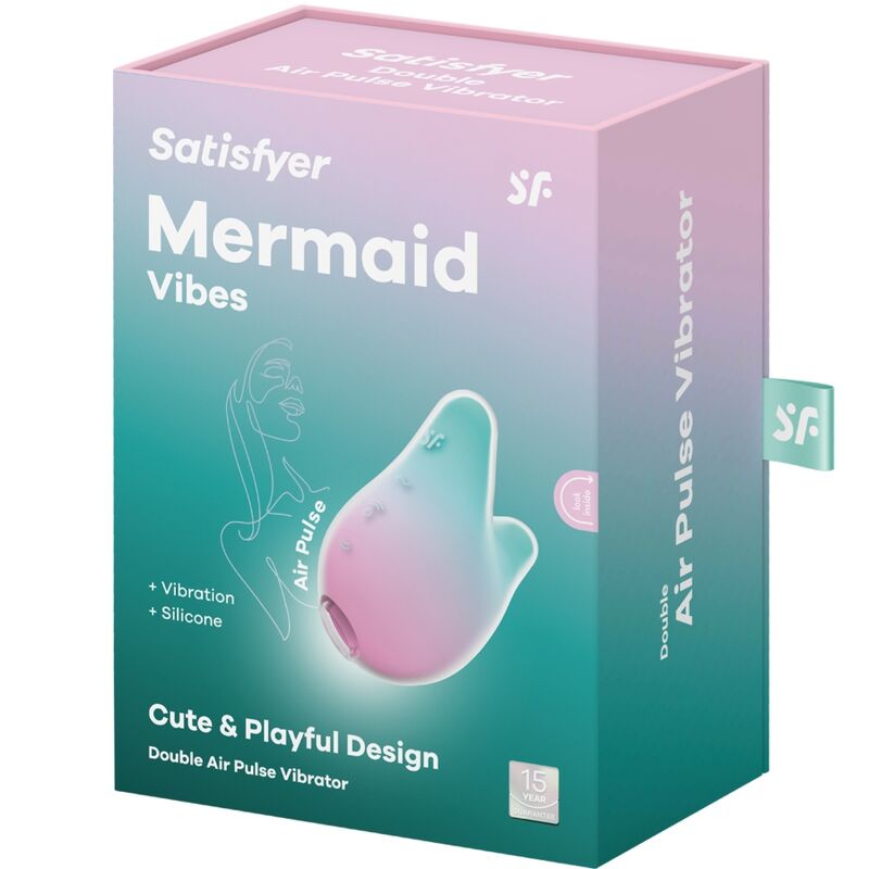 Close-up do vibrador Satisfyer Mermaid Vibes Air Pulse em menta e rosa, destacando seu design ergonômico e superfície de silicone.