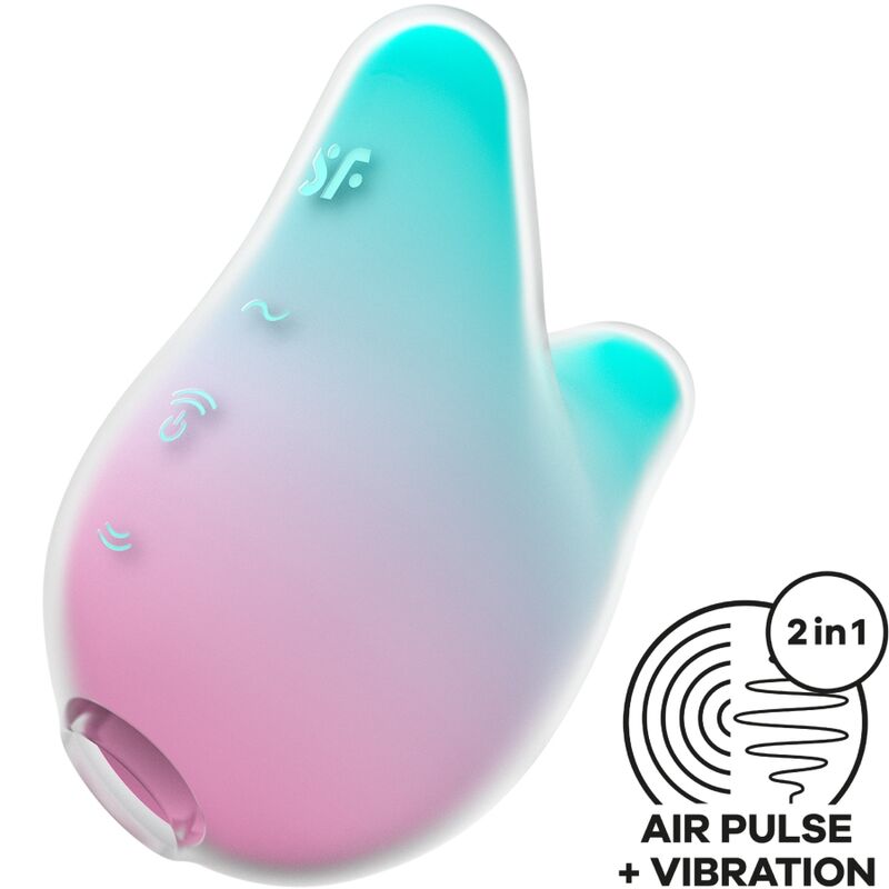 Close-up do vibrador Satisfyer Mermaid Vibes Air Pulse em menta e rosa, destacando seu design ergonômico e superfície de silicone.