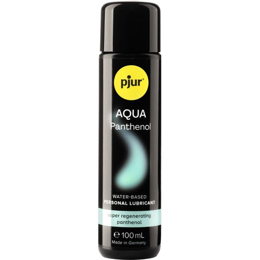 Frasco de Pjur Lubrificante Aqua Pantenol 100ml, exibindo a embalagem e detalhes do produto.