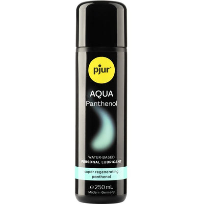 Embalagem do PJUR Lubrificante à Base de Água Aqua Pantenol 250ml, destacando os detalhes do produto e a sua formulação.
