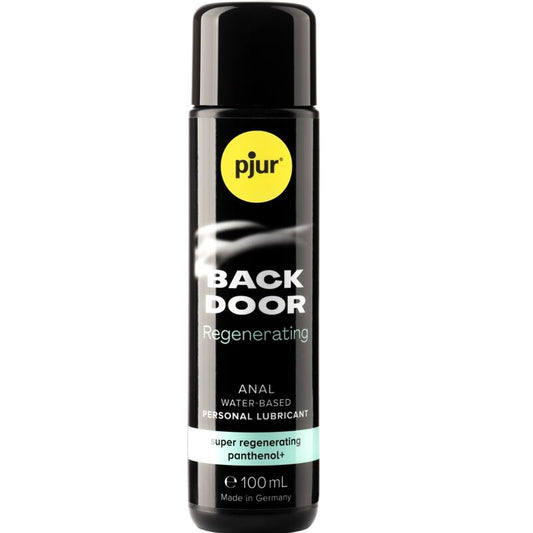 Frasco de PJUR Lubrificante Anal Regenerador com Pantenol e Camomila 100ml, destacando a embalagem e ingredientes.