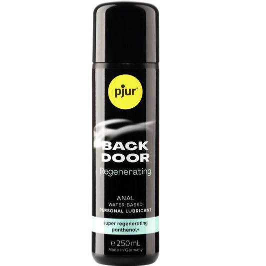 Close-up do lubrificante anal PJUR Back Door Regenerador 250 ML, mostrando a embalagem e a textura do produto.