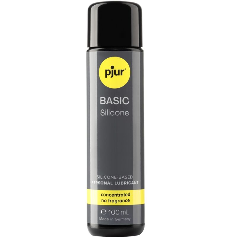 Frasco de PJUR Lubrificante de Silicone Basic 100 ML, mostrando embalagem e detalhes do produto.