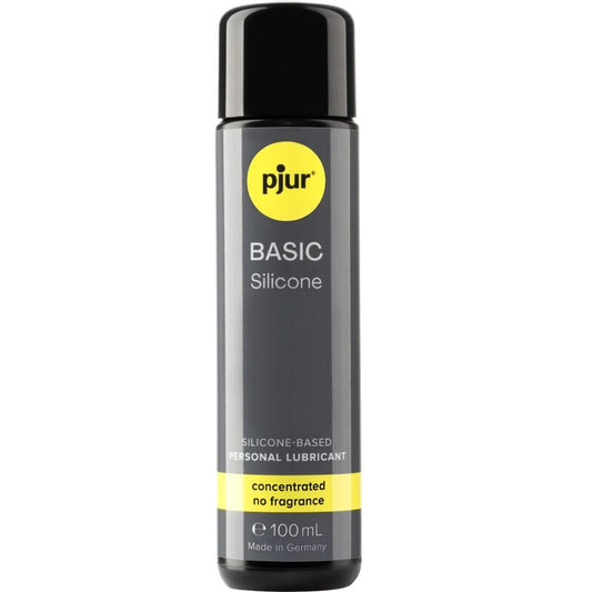 Frasco de PJUR Lubrificante de Silicone Basic 100 ML, mostrando embalagem e detalhes do produto.