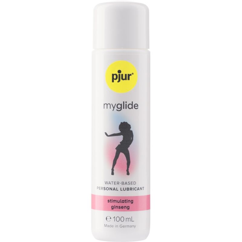 Frasco de PJUR Lubrificante Estimulante MyGlide com Efeito Calor 100 ML, mostrando o produto e sua embalagem.