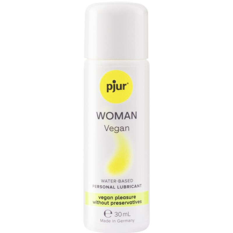 Close-up do lubrificante PJUR Woman Vegan Base Água 30ml, mostrando a embalagem e a textura do produto.