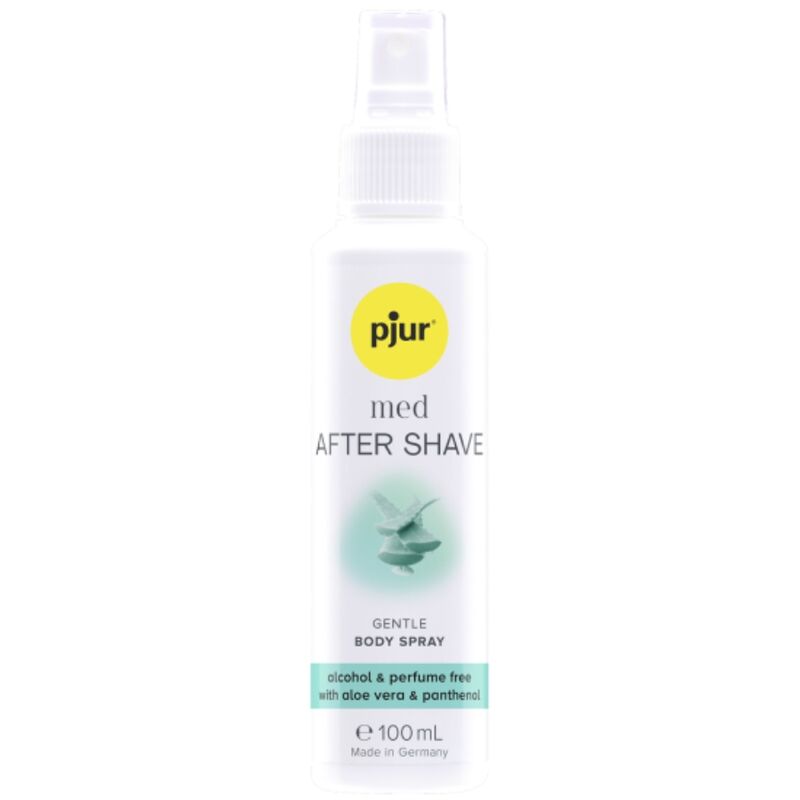 Imagem do PJUR Spray Pós-Barbear Íntimo MED Suavizante 100ml, mostrando a embalagem e a sua aplicação.