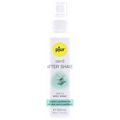 Imagem do PJUR Spray Pós-Barbear Íntimo MED Suavizante 100ml, mostrando a embalagem e a sua aplicação.