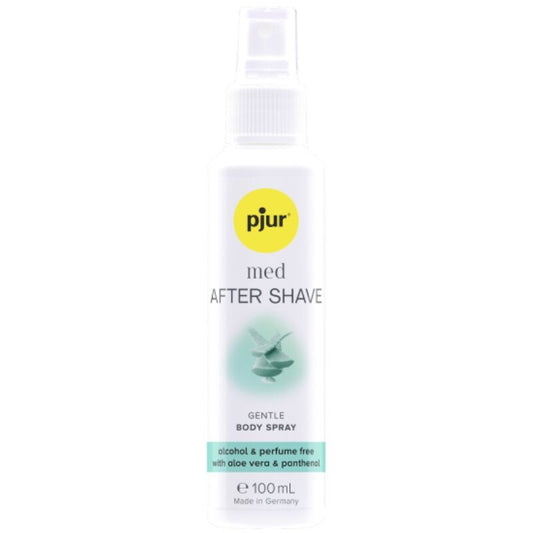 Imagem do PJUR Spray Pós-Barbear Íntimo MED Suavizante 100ml, mostrando a embalagem e a sua aplicação.