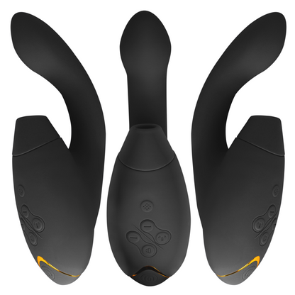 Close-up do Womanizer Duo 2 Estimulador Duplo Preto, mostrando sua forma ergonômica e cabeças de estimulação.