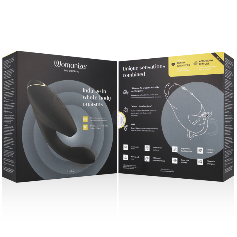 Close-up do Womanizer Duo 2 Estimulador Duplo Preto, mostrando sua forma ergonômica e cabeças de estimulação.