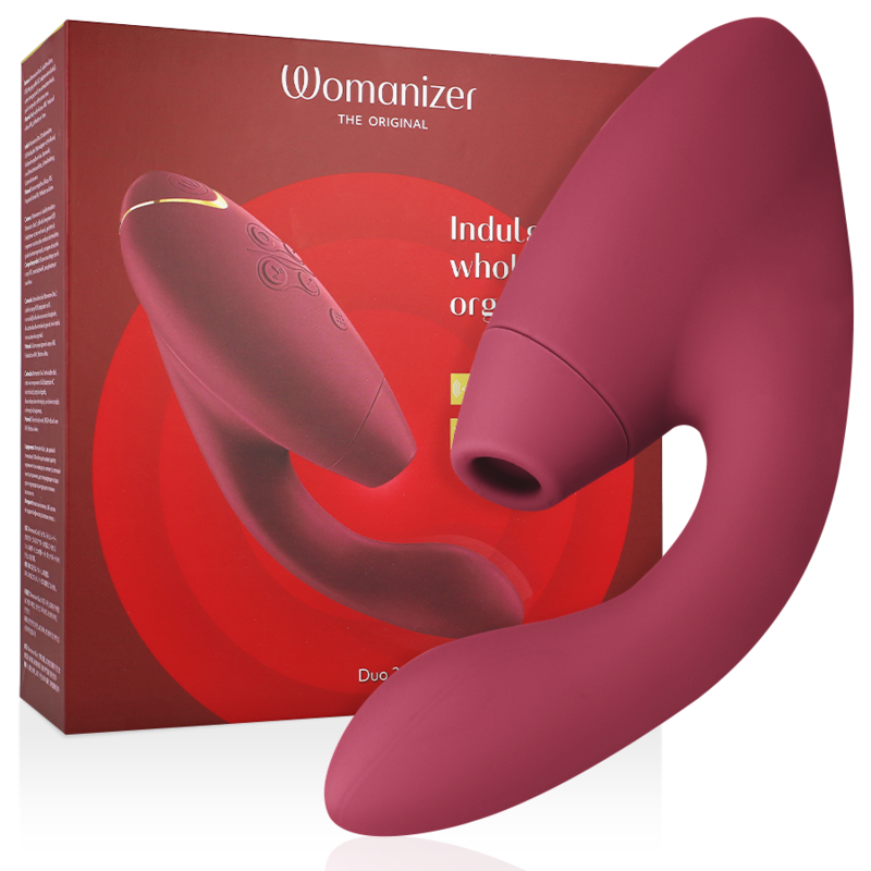 Close-up do Womanizer Duo 2 Estimulador Duplo Bordeaux, mostrando seu design ergonômico e material de silicone.